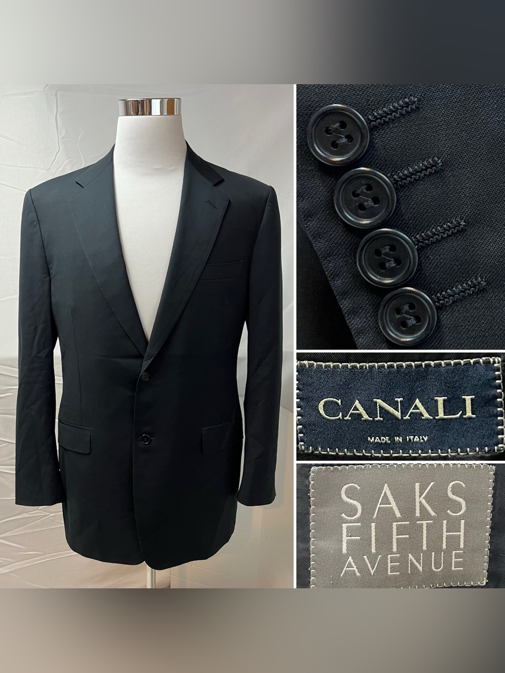 Canali Men's 42L Black Wool 2-Button Blazer Suit Jacket Saks